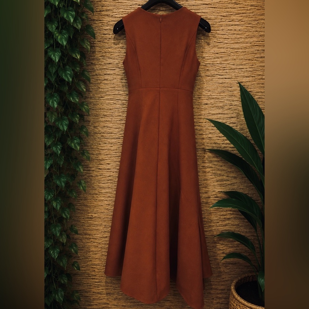 NWT Fehaute Spice Terracotta Brown Asymmetrical Sleeveless Flounce Midi Dress 10 - Picture 10 of 13